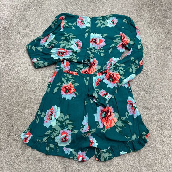 Minkpink Ruffle Floral Romper Womens small Green Long Sleeve V-Neck Summer Boho - Picture 2 of 15